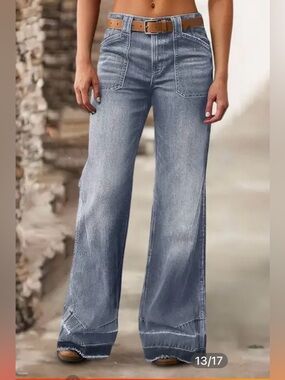 Flamingals Wash Stitch Detail Raw Hem Mid Waist Wide Leg Jeans Size Medium NWT